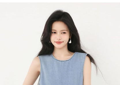 Denim Ruffle-Trimmed Asymmetric Round-Neck Tank Top