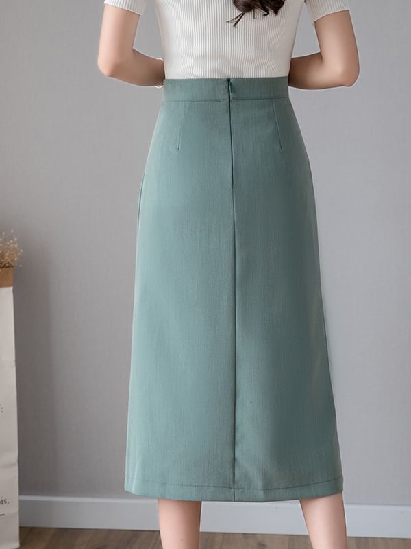 Slit Midi Straight Skirt with High Waist
