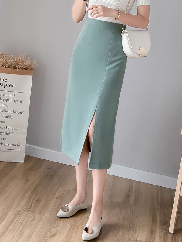 Slit Midi Straight Skirt with High Waist