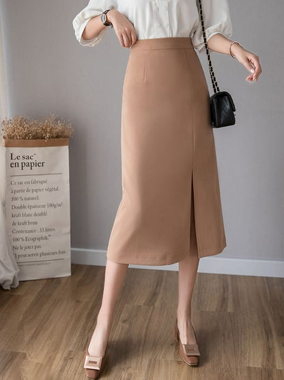 Slit Midi Straight Skirt with High Waist