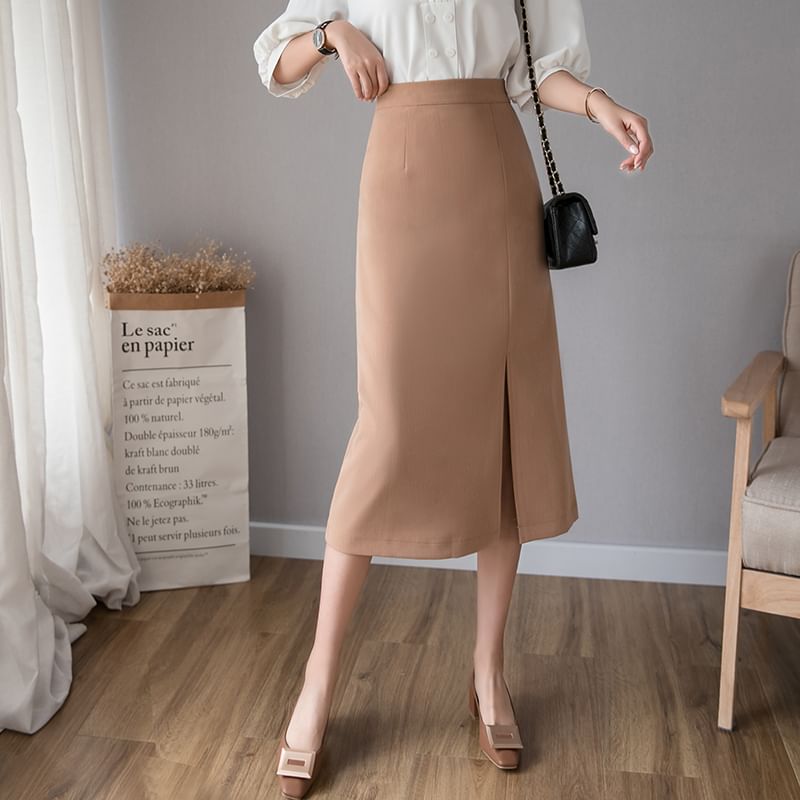 Slit Midi Straight Skirt with High Waist