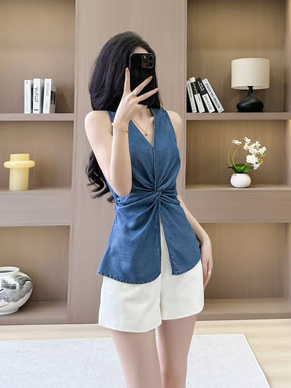 Plain Ruched Slit V-Neck Tank Top