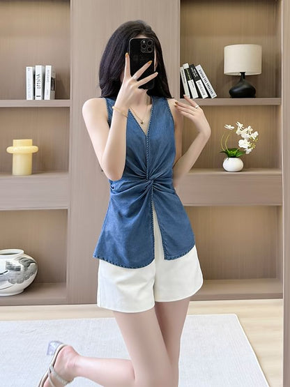 Plain Ruched Slit V-Neck Tank Top