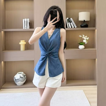Plain Ruched Slit V-Neck Tank Top