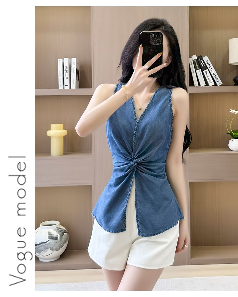 Plain Ruched Slit V-Neck Tank Top