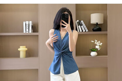 Plain Ruched Slit V-Neck Tank Top
