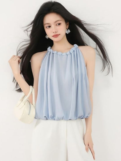 Plain Frill-Trimmed Puff-Hem Halter-Neck Cropped Top