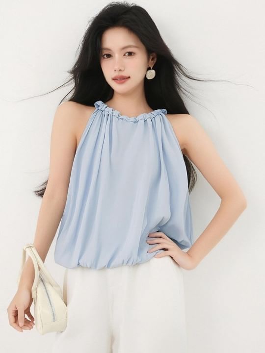 Plain Frill-Trimmed Puff-Hem Halter-Neck Cropped Top