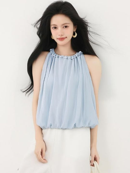 Plain Frill-Trimmed Puff-Hem Halter-Neck Cropped Top