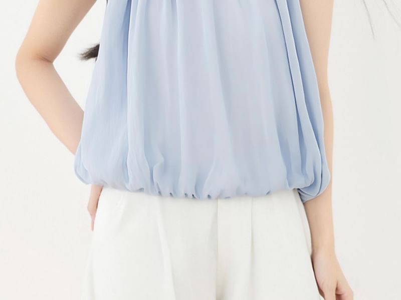 Plain Frill-Trimmed Puff-Hem Halter-Neck Cropped Top