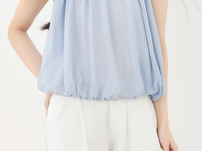 Plain Frill-Trimmed Puff-Hem Halter-Neck Cropped Top