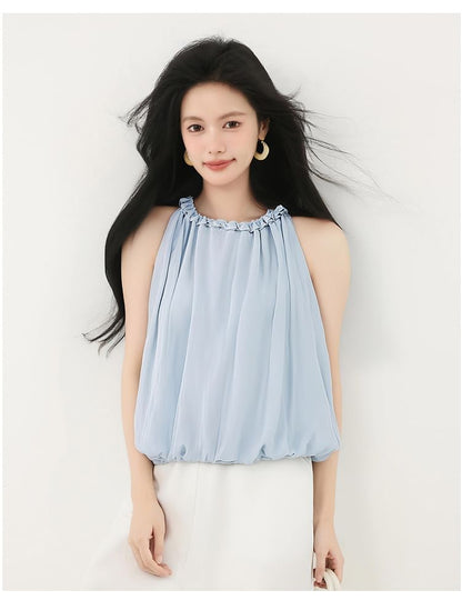 Plain Frill-Trimmed Puff-Hem Halter-Neck Cropped Top