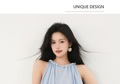 Plain Frill-Trimmed Puff-Hem Halter-Neck Cropped Top