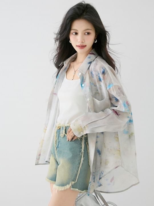 Tie-Dye Sheer Button-Up Long-Sleeved Shirt