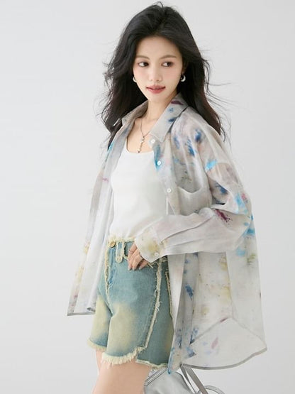 Tie-Dye Sheer Button-Up Long-Sleeved Shirt