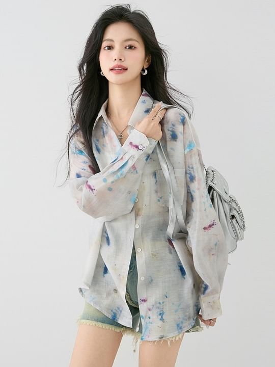 Tie-Dye Sheer Button-Up Long-Sleeved Shirt