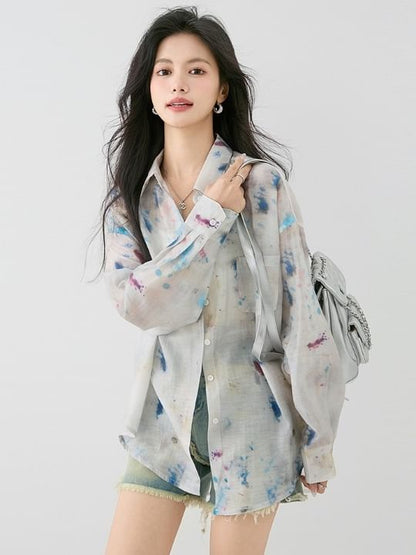 Tie-Dye Sheer Button-Up Long-Sleeved Shirt