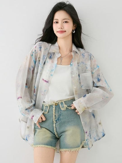 Tie-Dye Sheer Button-Up Long-Sleeved Shirt