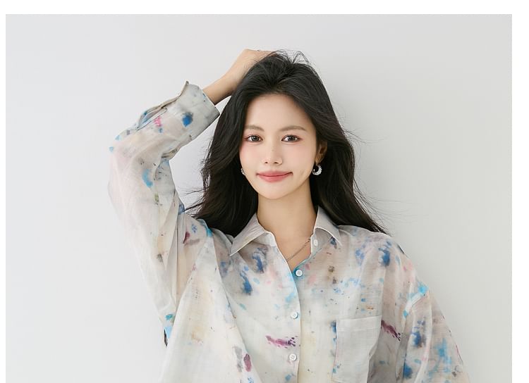 Tie-Dye Sheer Button-Up Long-Sleeved Shirt
