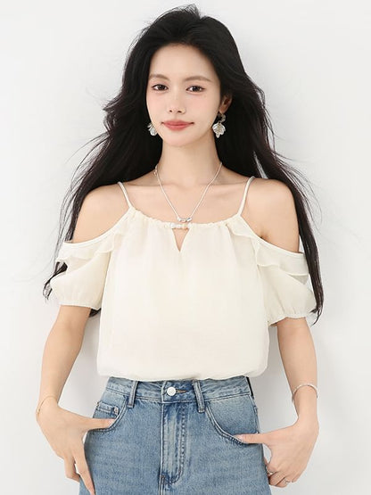 Plain Ruffle-Trimmed Cold-Shoulder Halter-Neck Blouse