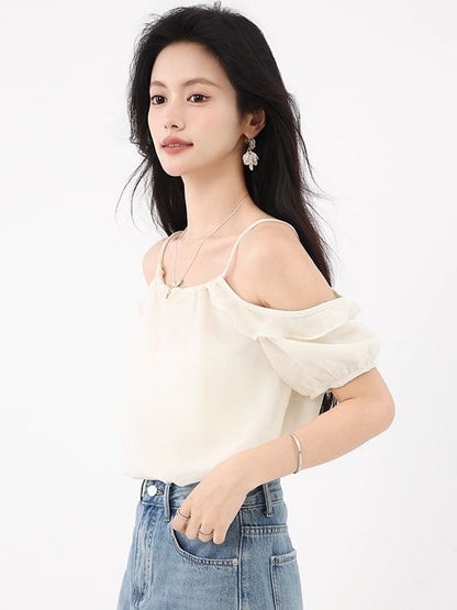 Plain Ruffle-Trimmed Cold-Shoulder Halter-Neck Blouse