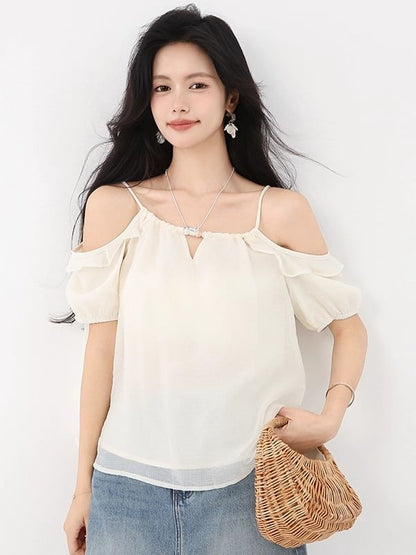 Plain Ruffle-Trimmed Cold-Shoulder Halter-Neck Blouse