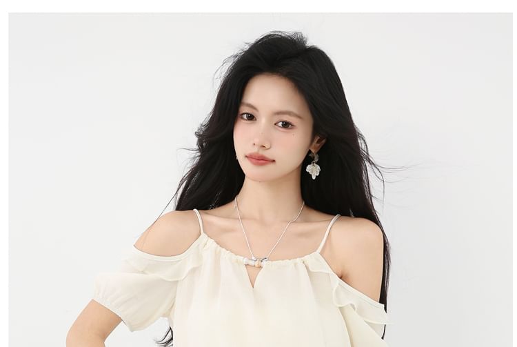 Plain Ruffle-Trimmed Cold-Shoulder Halter-Neck Blouse