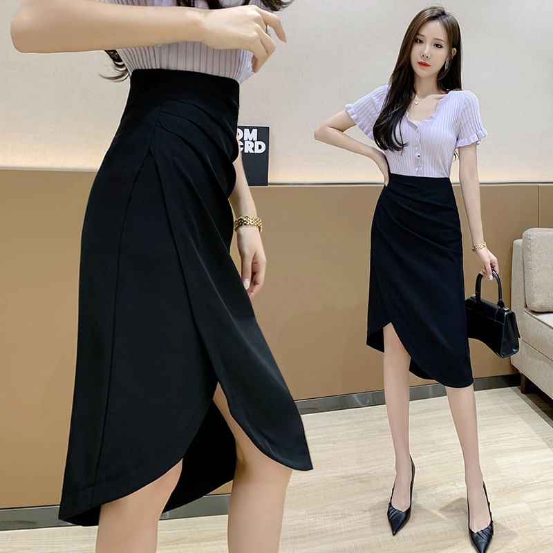 Asymmetrical Ruched Pencil Skirt with Slit