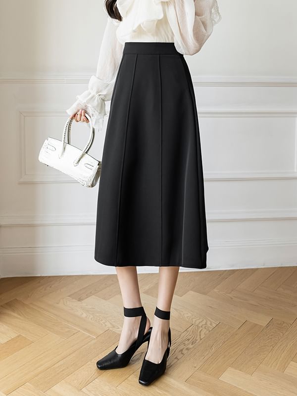 Plain Midi A-Line Skirt with High Waist