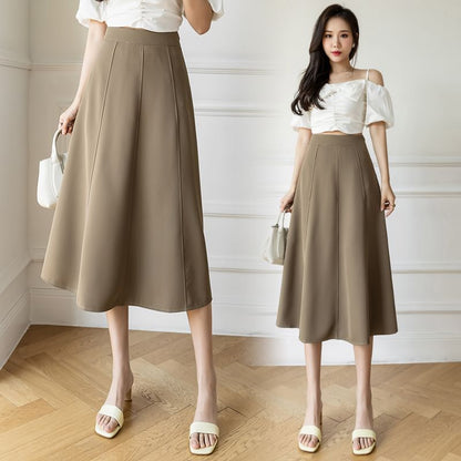 Plain Midi A-Line Skirt with High Waist