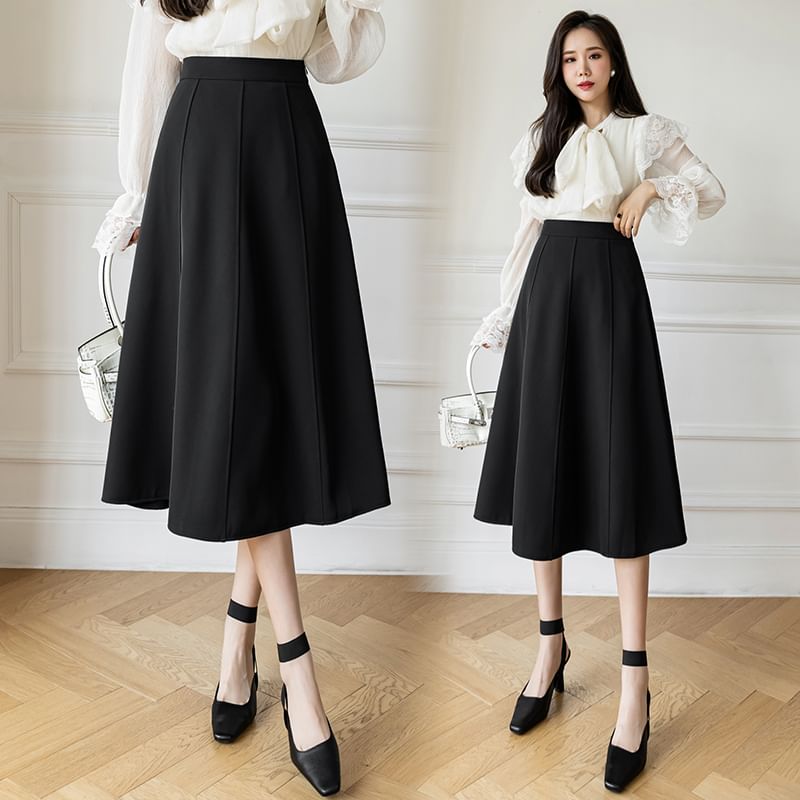 Plain Midi A-Line Skirt with High Waist
