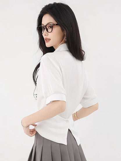 Plain Ruched Collared Elbow-Sleeved Cropped Blouse