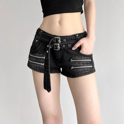 Low Rise Washed Zip Detail Denim Shorts