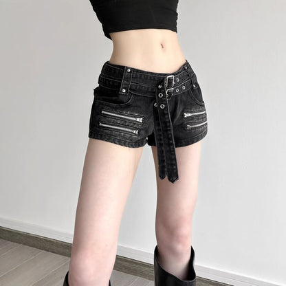 Low Rise Washed Zip Detail Denim Shorts