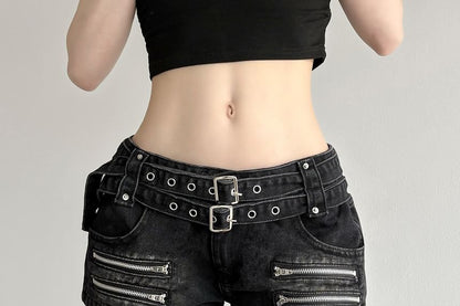 Low Rise Washed Zip Detail Denim Shorts