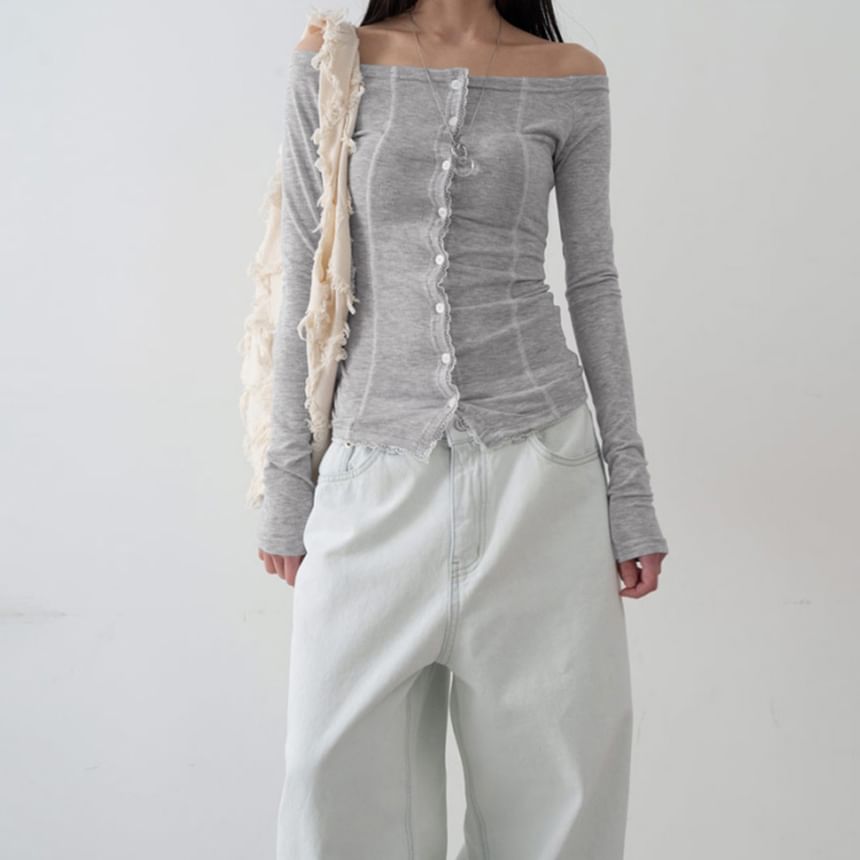 Off-Shoulder Lace Trim Long Sleeve Button Top