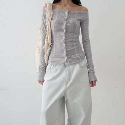 Off-Shoulder Lace Trim Long Sleeve Button Top