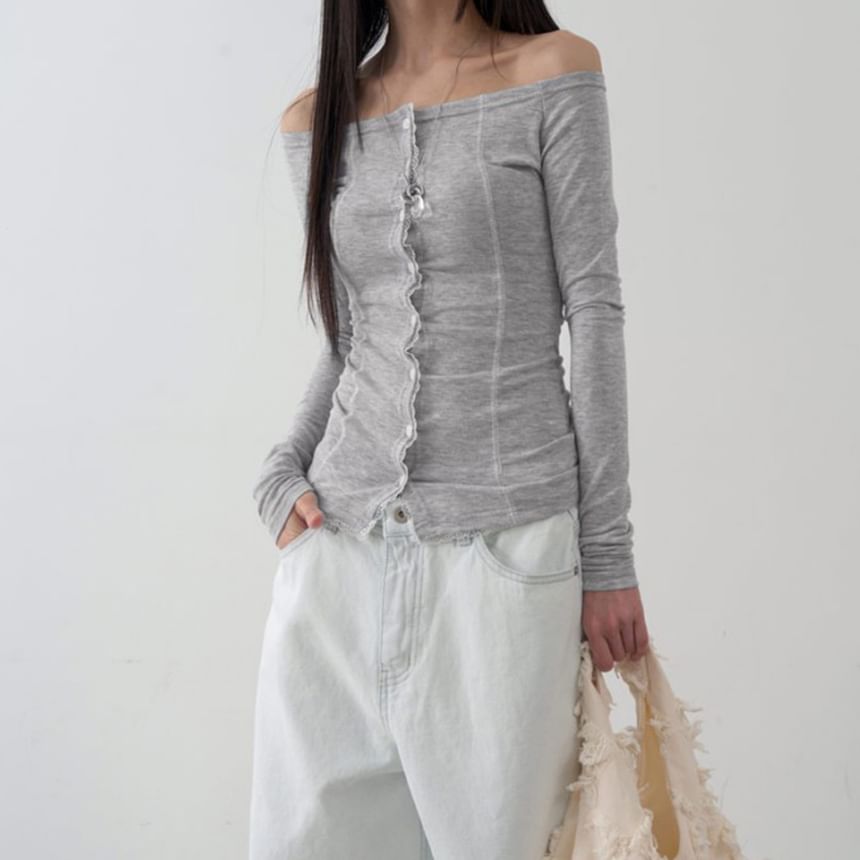 Off-Shoulder Lace Trim Long Sleeve Button Top