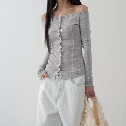 Off-Shoulder Lace Trim Long Sleeve Button Top