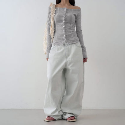 Off-Shoulder Lace Trim Long Sleeve Button Top