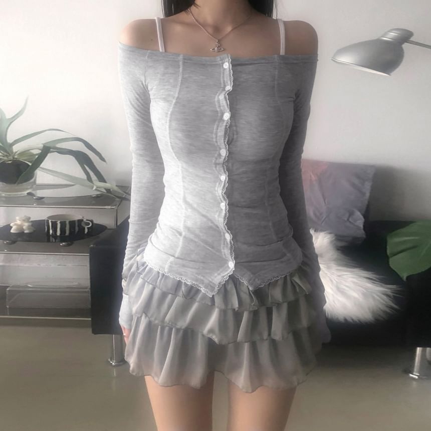 Off-Shoulder Lace Trim Long Sleeve Button Top