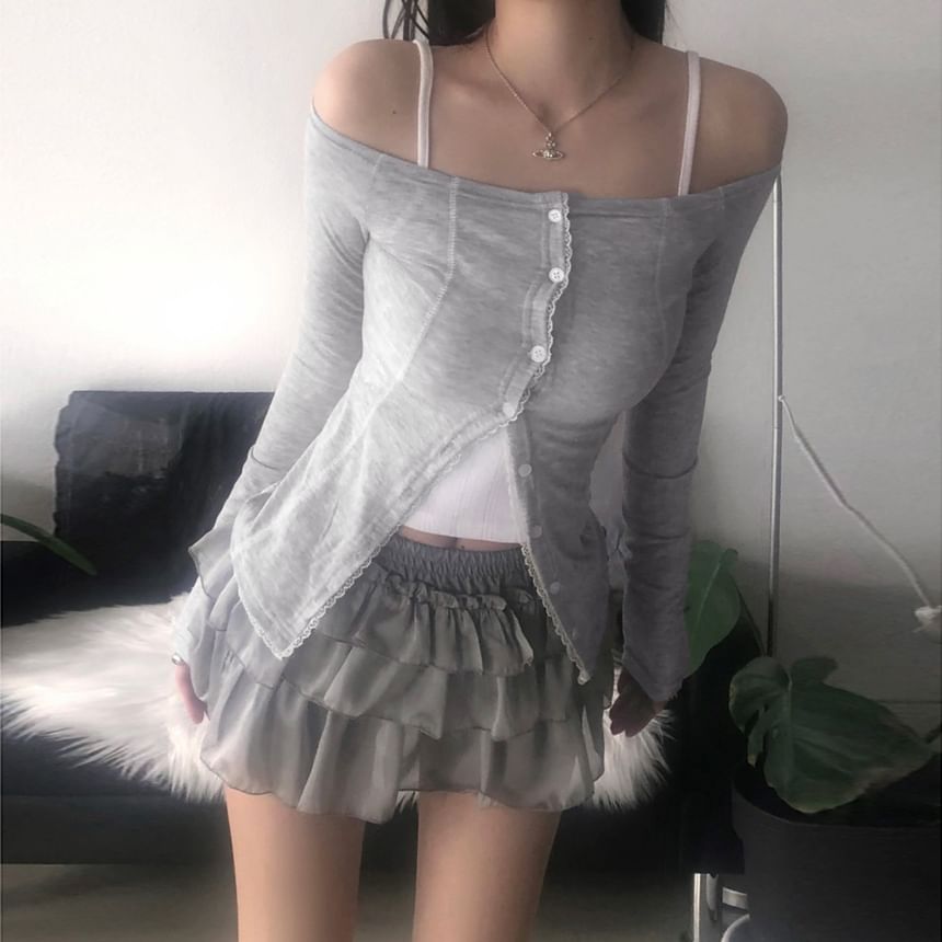 Off-Shoulder Lace Trim Long Sleeve Button Top