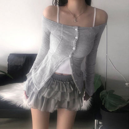 Off-Shoulder Lace Trim Long Sleeve Button Top