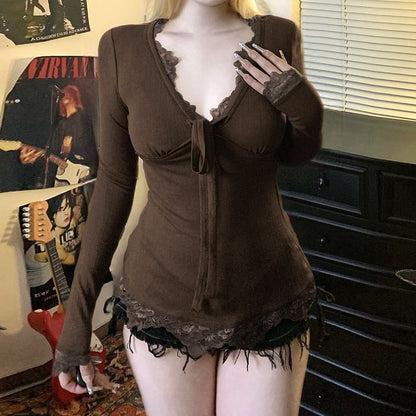 Long Sleeve V-Neck Lace Trim Tee