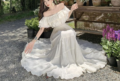 Off-Shoulder Short-Sleeve Maxi Dress - Altfashion Shop
