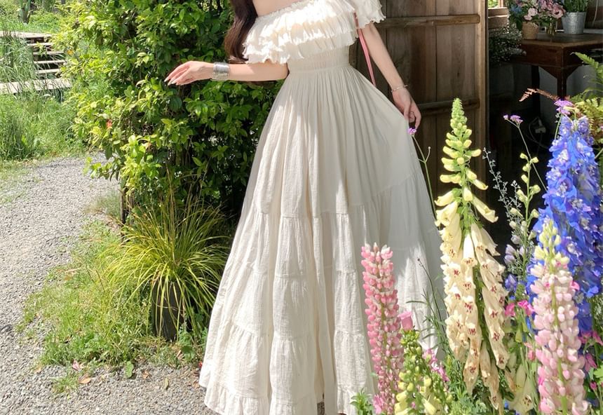 Off-Shoulder Short-Sleeve Maxi Dress - Altfashion Shop