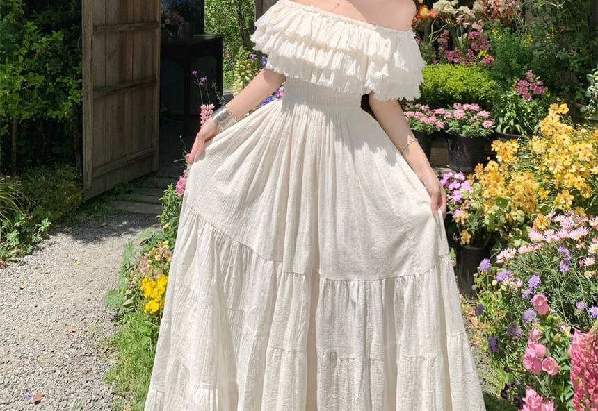 Off-Shoulder Short-Sleeve Maxi Dress - Altfashion Shop