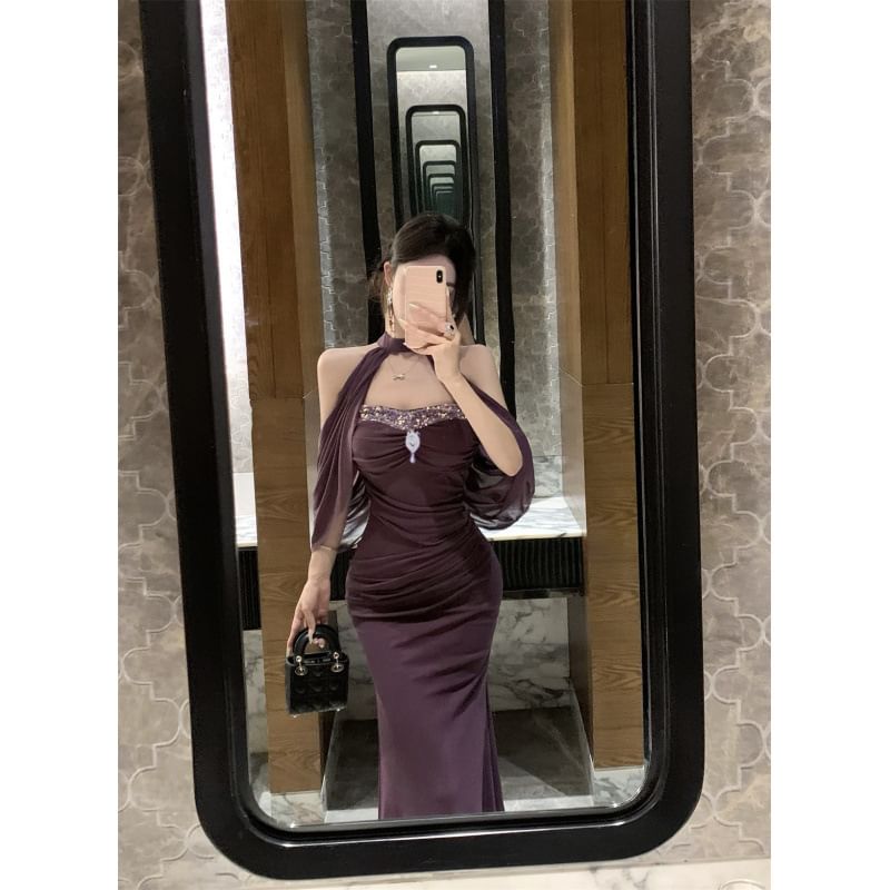 Strapless Rhinestone Sheath Maxi Dress - Altfashion Shop