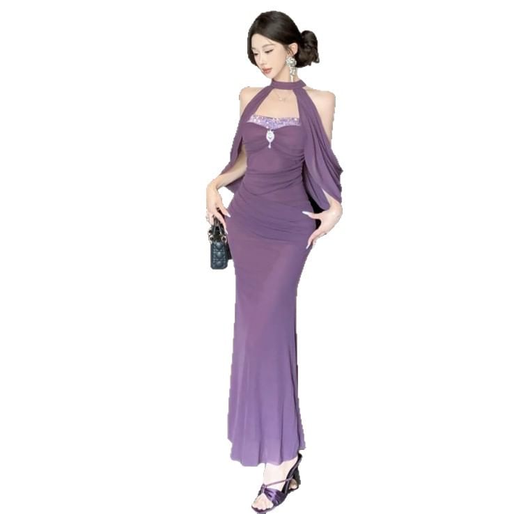 Strapless Rhinestone Sheath Maxi Dress - Altfashion Shop