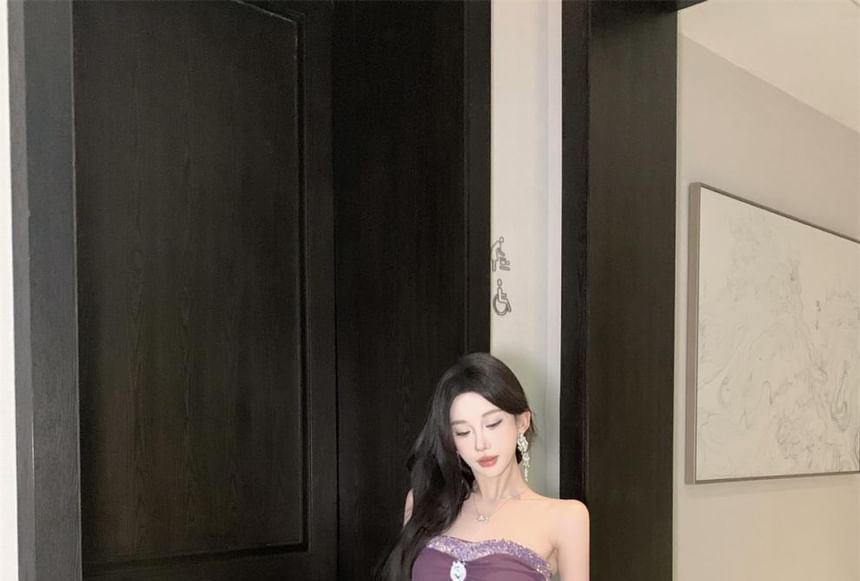 Strapless Rhinestone Sheath Maxi Dress - Altfashion Shop